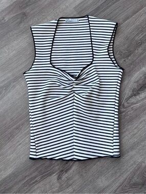 Zara Black & White Striped Twist-Front Tank